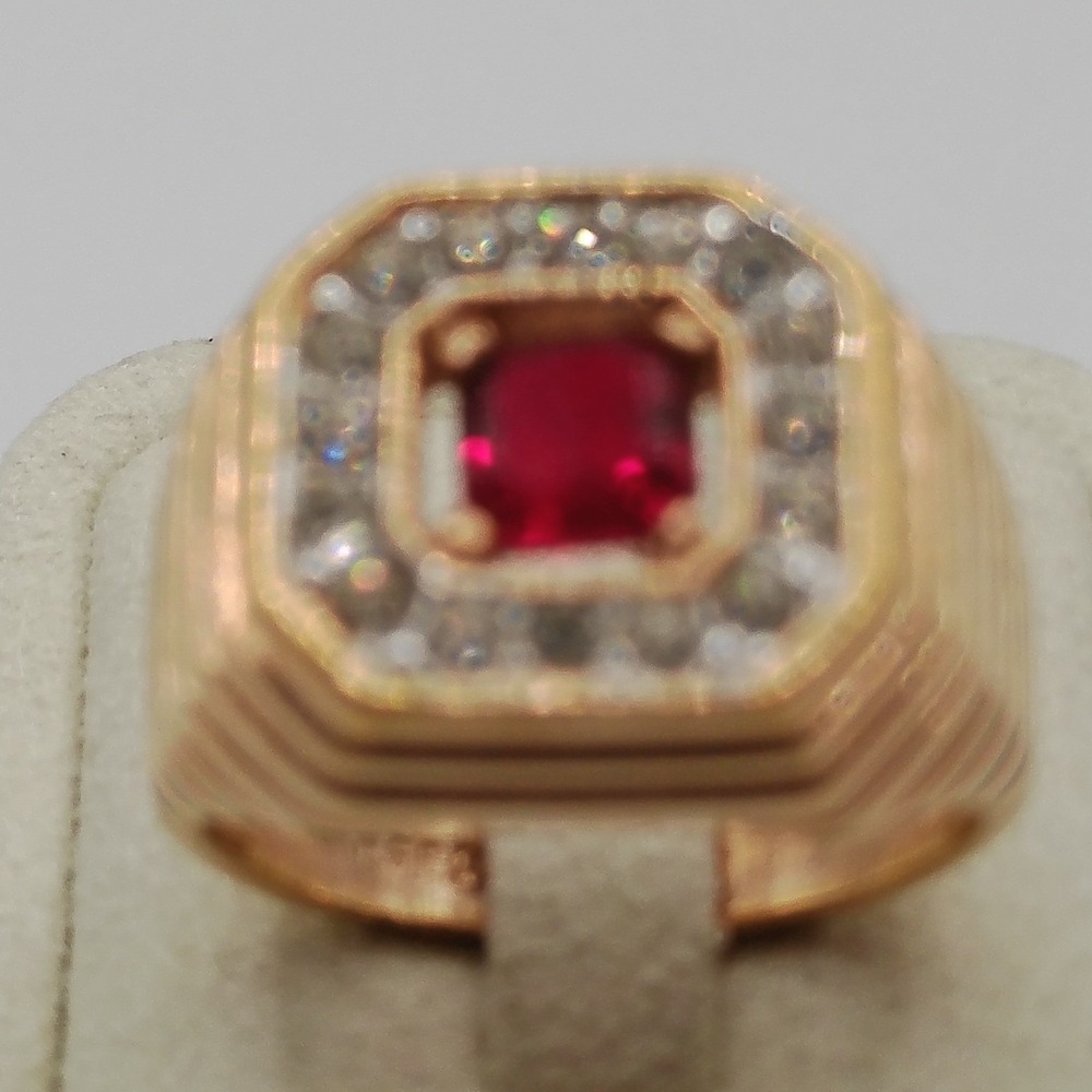 Mens Gold Plated Rhinestone Signet Ring Tiered Ribbed Band Statement Size 12